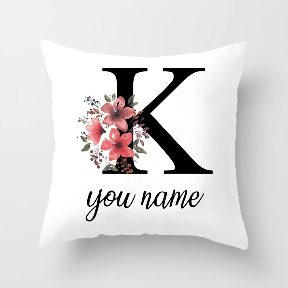 Personalized Name Flower Letter Pillow Case Alphabet Print White Square Pillow Case Dust Cover Bedroom Party Decoration