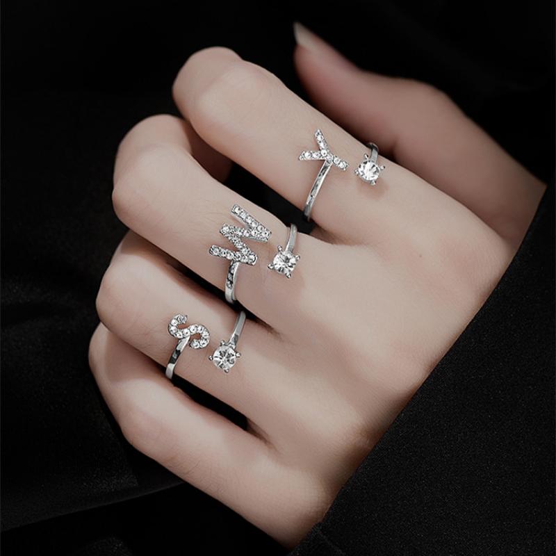 Zircon Initial A-Z Letter Ring For Women Metal Adjustable Opening Ring Name Alphabet Female Wedding Gift Anillos Mujer
