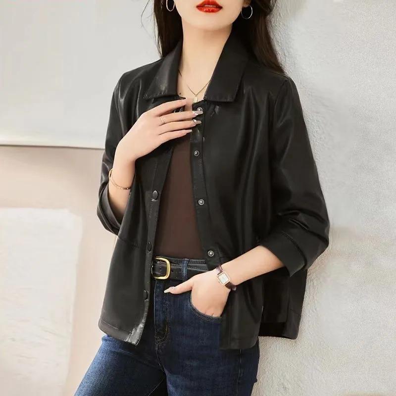 Leather Jacket Women's Short Autumn New Style Fashionable Loose Versatile Leather Jacket Solid Color Cardigan