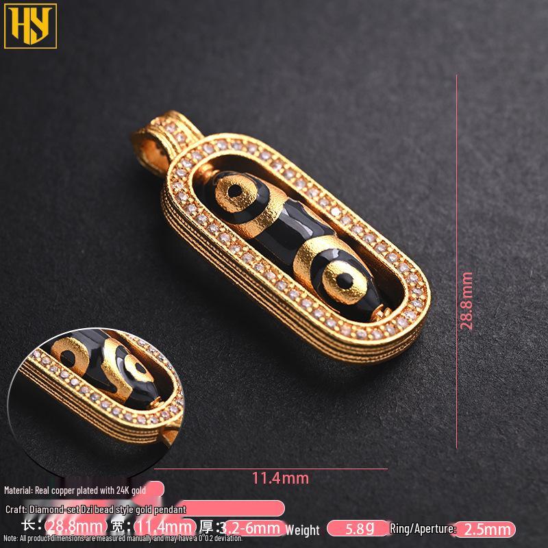 24k Gold-Plated Tibetan Nine-Eyed Dzi Bead Pendant Necklace with Zircon Inlay