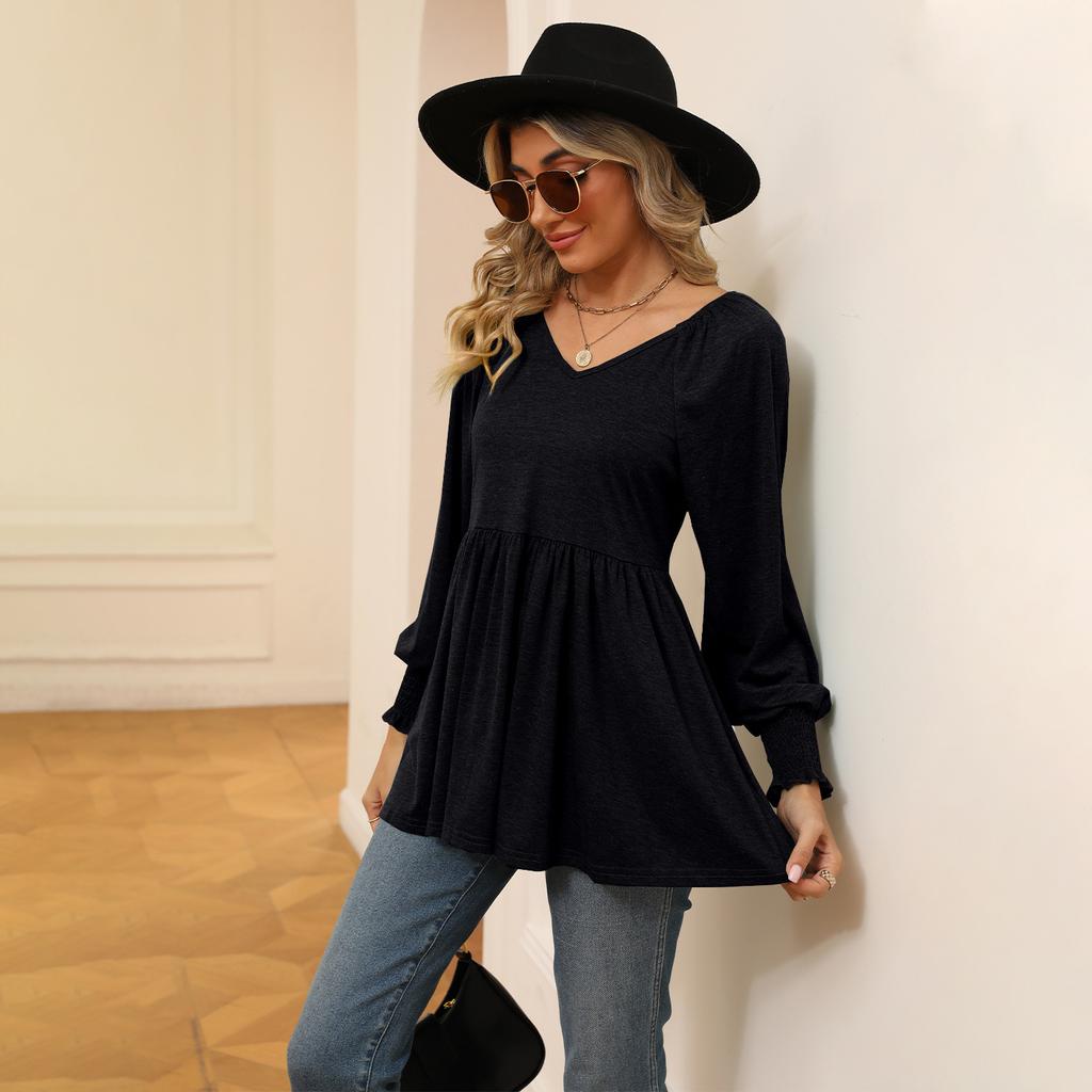 Women's Clothing Spring Autumn Tops V-neck T-shirt for Women Bubble Long Sleeve Elastic Waist Top