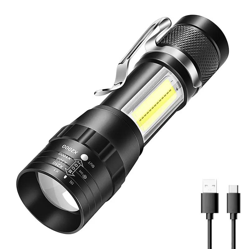 Mini COB+XPE LED Flashlight Portable Type-C Rechargeable Torch Tactical Lantern Outdoor Zoom Waterproof Light for Camping Lamp