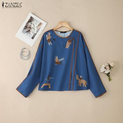 Women Round Neck Loose Casual Long Sleeve Print Blouse