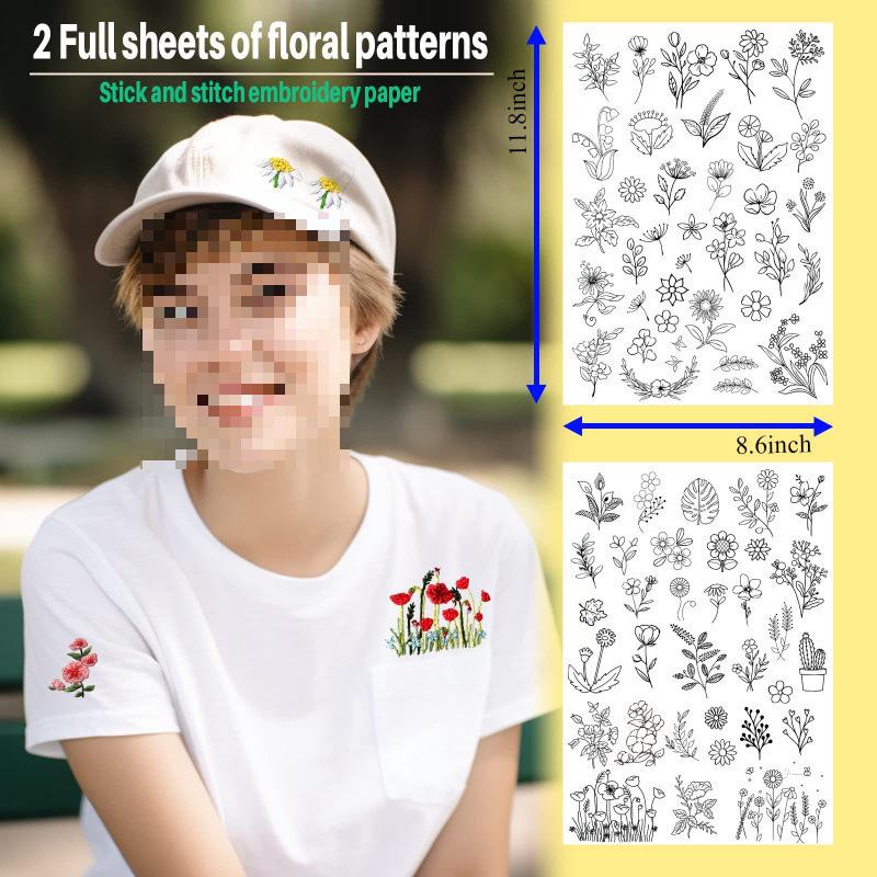 Self-Adhesive Water-Soluble Floral Embroidery Stabilizer, Non-Woven Fabric, 2 Sheets for DIY Sewing