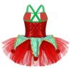 Dziewczęca sukienka do tańca bez rękawów, z krzyżującymi się ramiączkami na plecach, zapinana na guziki z przodu, ozdobiona cekinami i pluszowymi pomponami, z falbankową tiulową spódniczką tutu i siateczkowym kostiumem