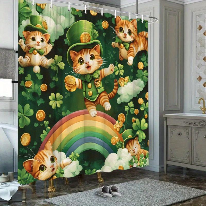 

St. Patrick s Day Shower Curtain - Lucky Kittens, Rainbow & Gold Coins, Polyester, 12 Hooks, 70.8x70.8 , Machine Washable W90XH180cm