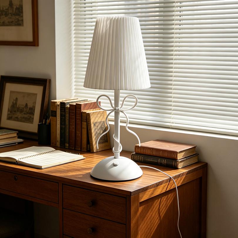 Modern Nordic LED Table Lamp with White Pleated Fabric Shade Bow Knot Design Bedside Desk Light for Bedroom Decor
