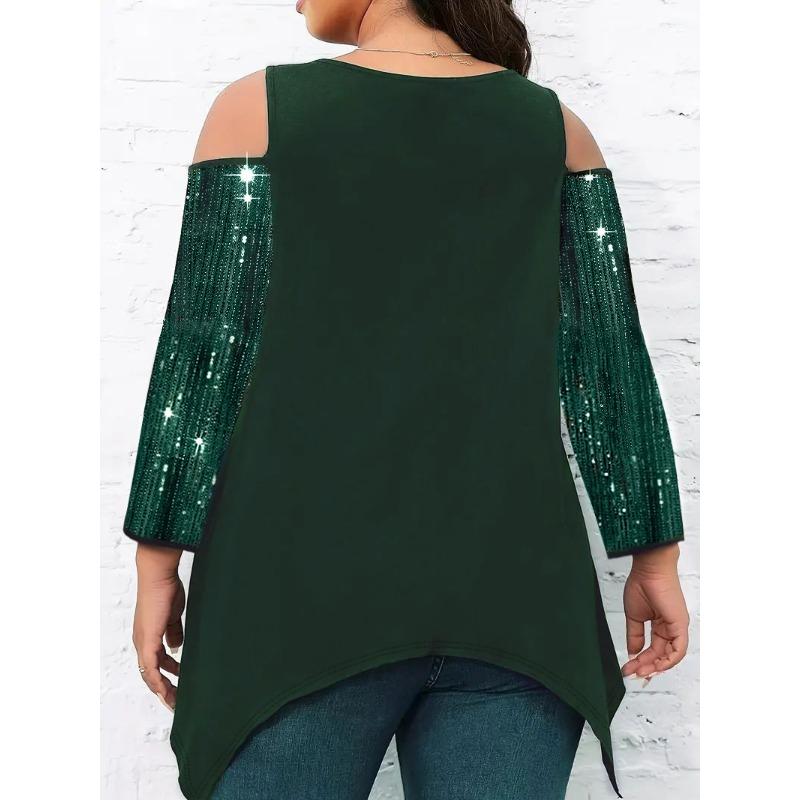 Vår Höst Street Style Urskuren Paljetter Oregelbunden T-shirt Kvinnor Långärmad Off Shoulder Pullover Tee Topp