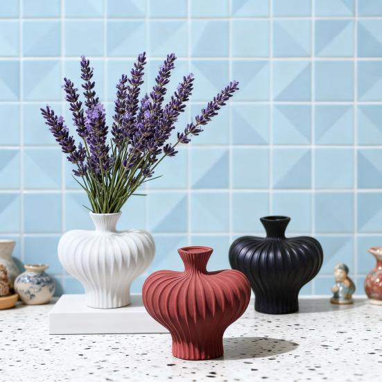Ceramics Ribbed Flower Vase Minimalist Modern Flower Holder Container Home Office Table Centerpiece Decorative Floral Plants Vase