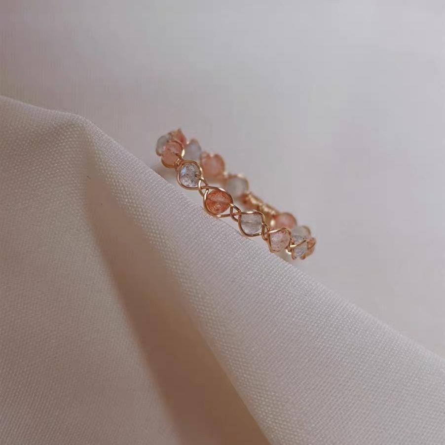 Natural Sunstone & Moonstone Woven Women's Ring, 14k Gold Filled