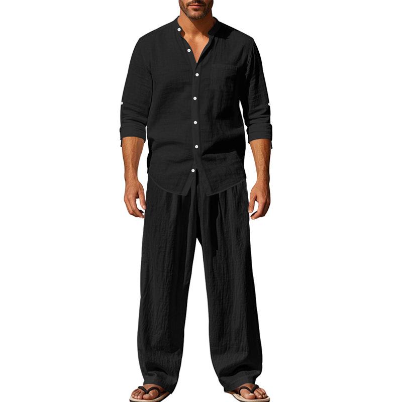 Four Seasons Linen Men's Casual Loose Breathable Long-sleeved Trousers Shirt Beach Suit