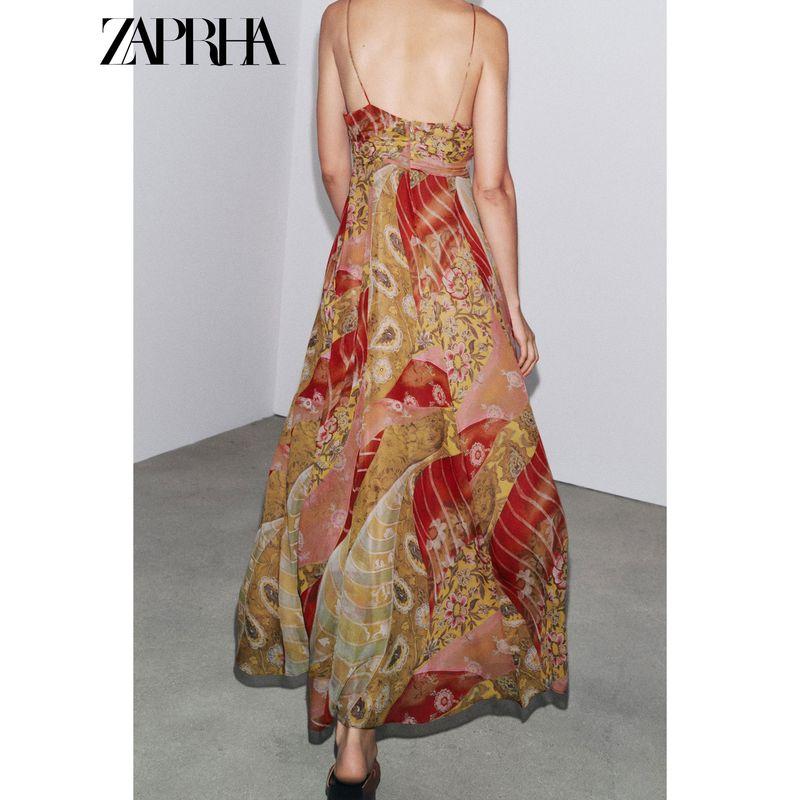 Zaprha 2025 Summer New Holiday Style Flower Print V-neck Backless Fine Sling Dress 3508147