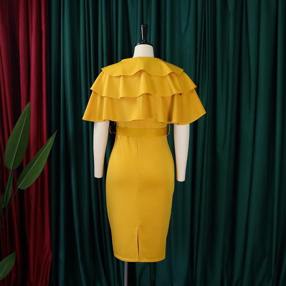 Großes Damen-Sommermode-Rüschenkleid, einteiliges, einfarbiges Etuikleid mit Gürtel