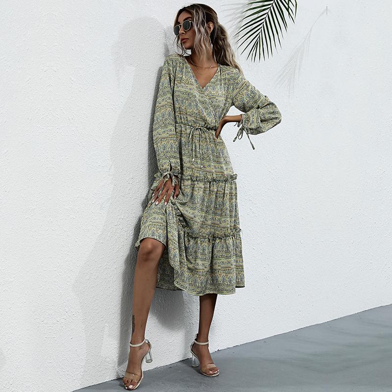 YYFS Women's Vintage Floral Print Long Sleeve V-Neck Casual Dresses
