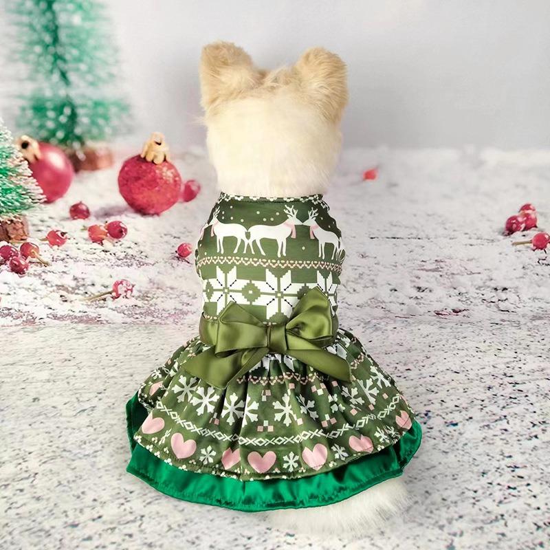 Pet Clothes Christmas Dress Double New Bow Christmas Tree Snowflake Old Man Elk Fan Red Green