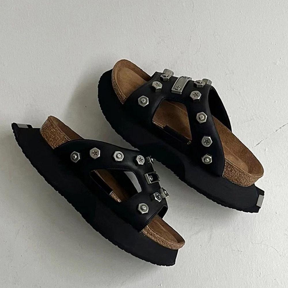 Punk Chunky Heels Mule Slipper Sandals For Women Rivet Platform Slide Sandals Open Toe Summer Street Motorcycle Sandals Shoes