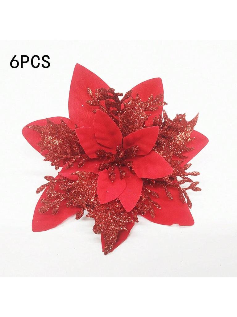 6PCS Gold Powder Christmas Flower Simulation Flower Christmas Tree Pendant Decoration Flower Wreath Accessories