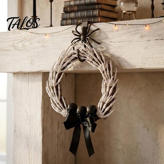 Bone Rattan Decoration Halloween Skeleton Hand Wreath for Front Door, Gothic Spooky Hanging Garland Scary Door Decor with Black Bow And Skulls