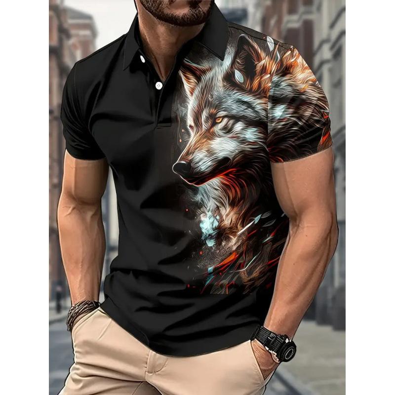 Trendy Wolf Forest Print Short Sleeve Polo, Casual Men's Top