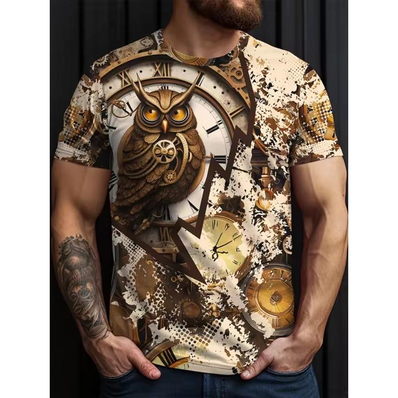 Men's Owl Graphic Print T Shirt Fashion Short Sleeve Crew Neck 3D Digital Printed T-Shirt Novelty Oversized T Shirts Men Tops