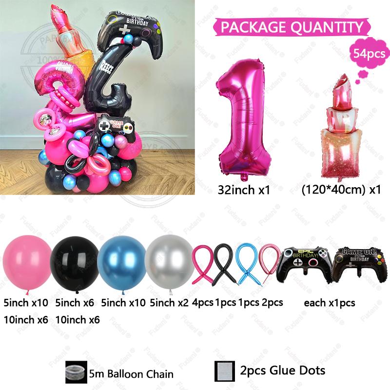 54pcs Red Lips Game Control Handle Black 1-9 Foil Digital Balloons Childrens Birthday Toys Party Decor Game Theme Party Supplies