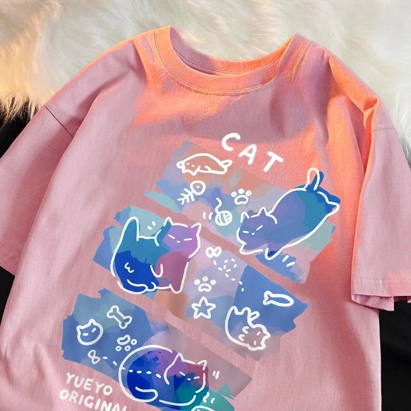 

Fun Mischievous Cat Printed Japanese Style T-Shirts Women Fashion Breathable Summer T-Shirts Casual Creative Clothes S