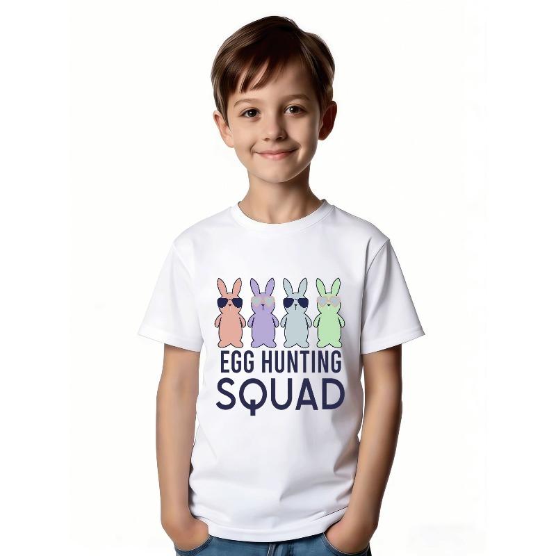 European Size Childrens Crew Neck Short Sleeved T Shirt with Bunny and Egg Hunt Team Pattern