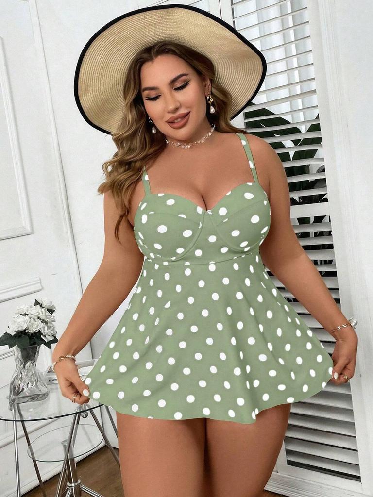 2026 Women's Plus Size Polka Dot Push-Up Swimsuit Skirt - Tummy Slimming, Multi-Color