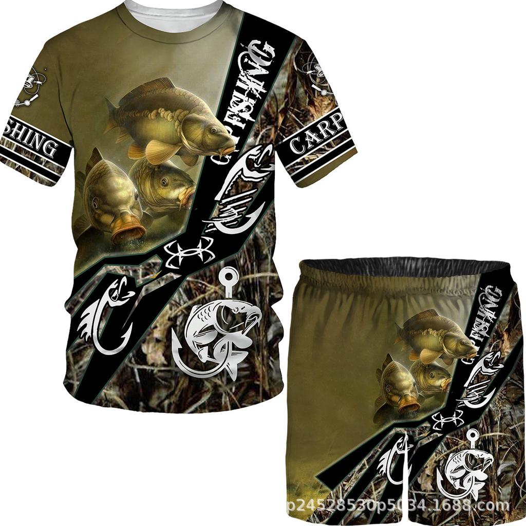 New Men's Short Sleeve Shorts Set Fashion 3D Digital Fish Printing Men's Beach Casual Set