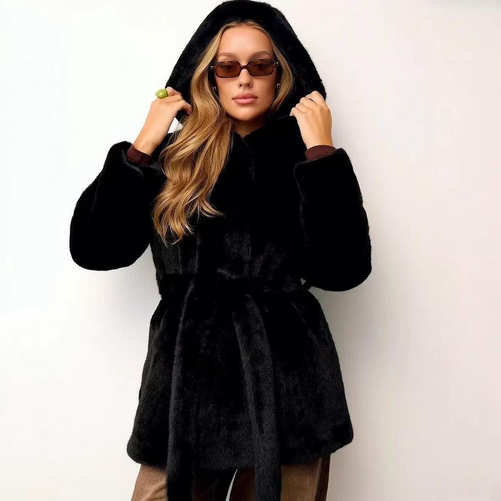 European and American new fur coat medium and long women's coat hooded coat Yangtze mink belt belt imitation fur