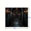 Gothic castle fabric background - versatile polyester walls with old black bricks, stone arches and torches for Halloween