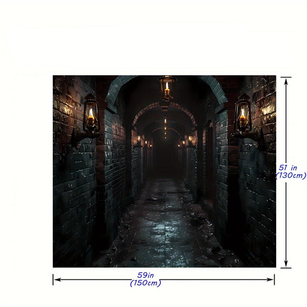 Gothic castle fabric background - versatile polyester walls with old black bricks, stone arches and torches for Halloween
