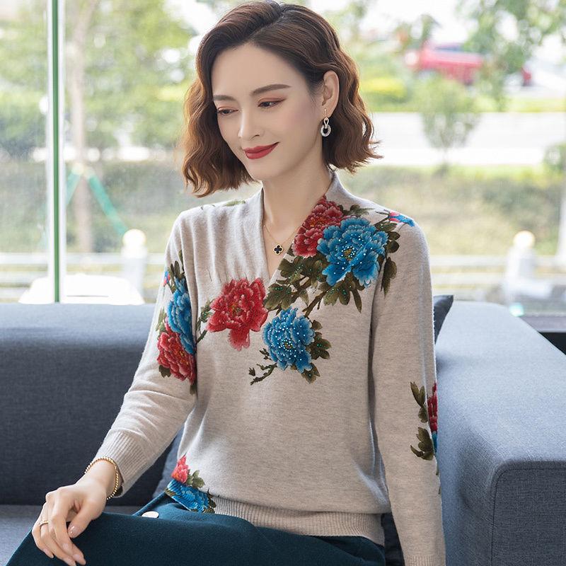 

Женские кашемировые свитера Осень и Зима Тепло и Утолщенный Трикотаж Свитера V-образный вырез С принтом Шерстяные свитера 3XL верблюд