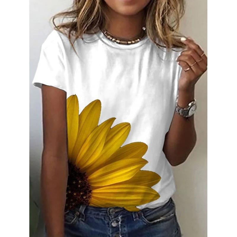 Sunflower Cat Animal Pattern T-shirt for Women 3D Digital Printing T-shirt Fashion T-shirt Short Sleeved Round Neck Top