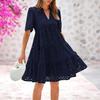2026 Short Sleeve Women's Beach Vacation Skirt French V-Neck Hollow Lace Dress High-end A-shaped Dress