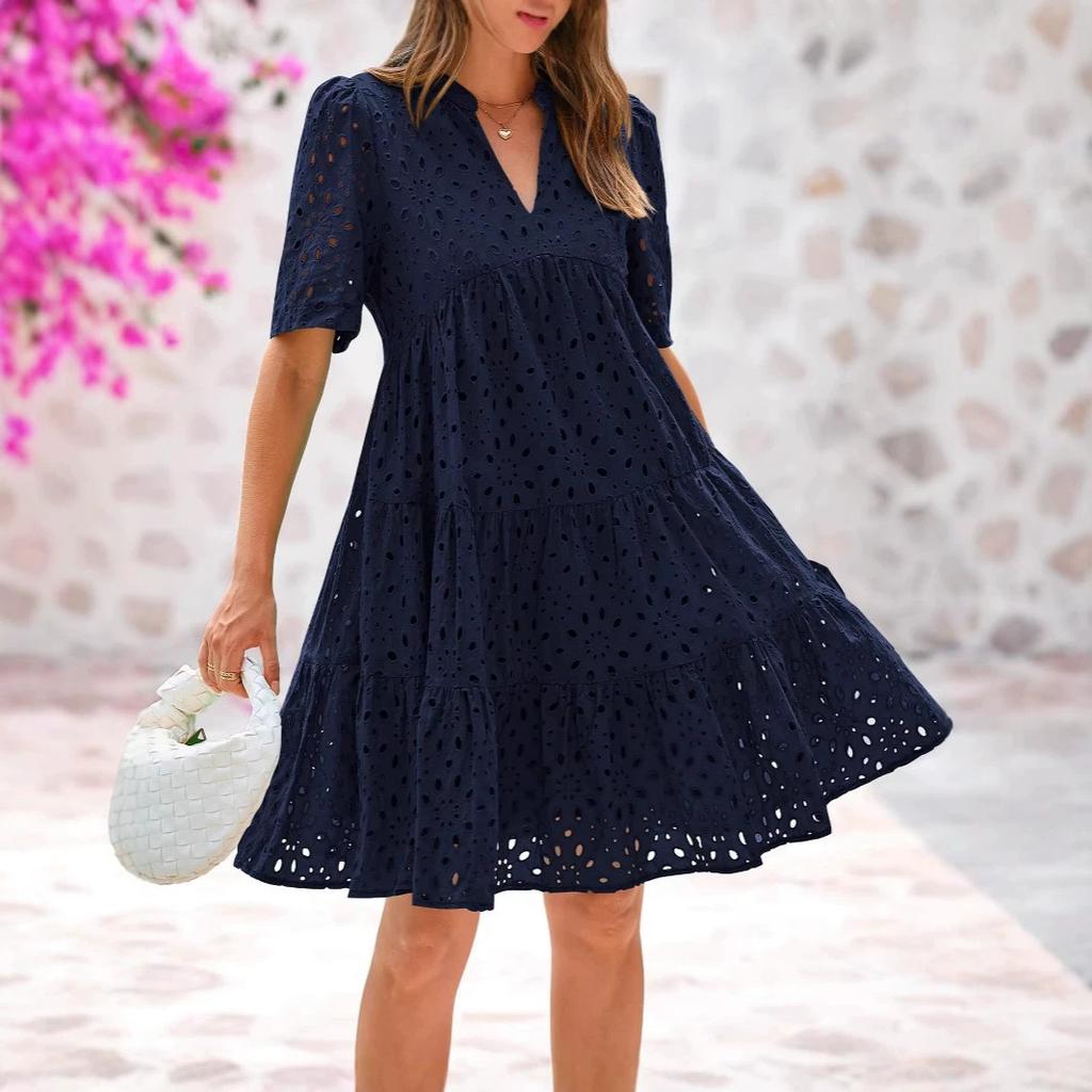 2026 Short Sleeve Women's Beach Vacation Skirt French V-Neck Hollow Lace Dress High-end A-shaped Dress