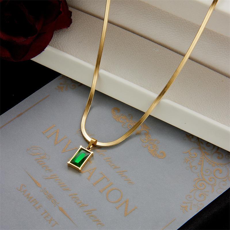 Akol  Stainless Steel Rectangle Green Crystal Zircon Pendant Necklace Earrings For Women Fashion Party Jewelry Set
