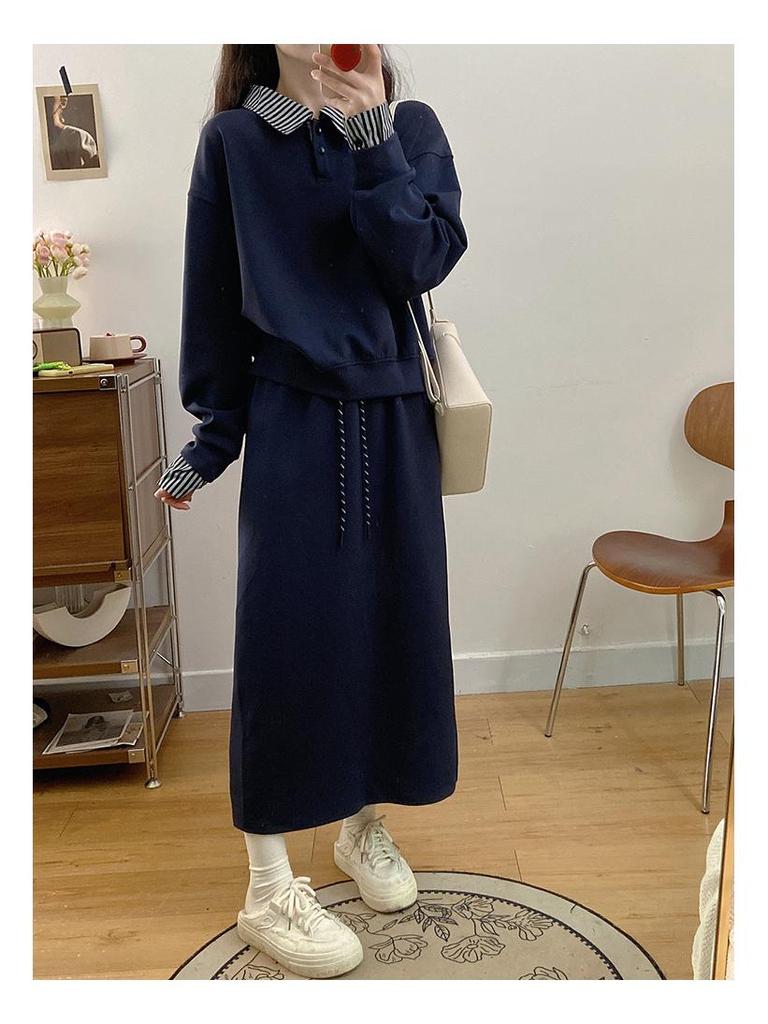 Autumn 2025 Plus Size Women's Patchwork Sweatshirt & High Waist Midi Skirt Set