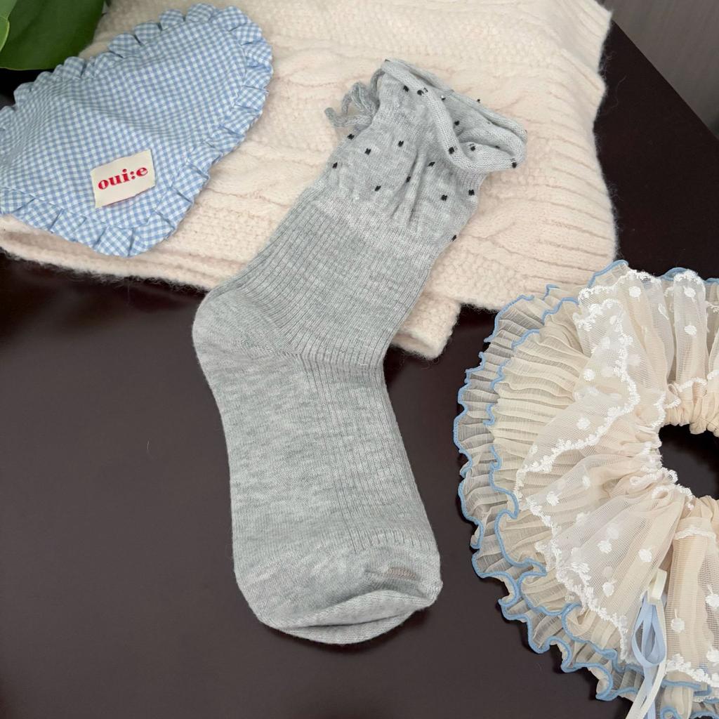 Ladies Autumn Winter Thick Warm Bow-dotted Wool Mid Tube Socks