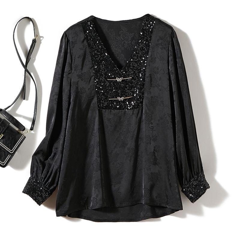 

V Word Sequin! Heavy Luxury Washed Acetate Rayon Small V-neck Long Sleeve Pullover Shirt Female 2024 Spring and Summer New Dark Pattern T-shirt Black 4XL