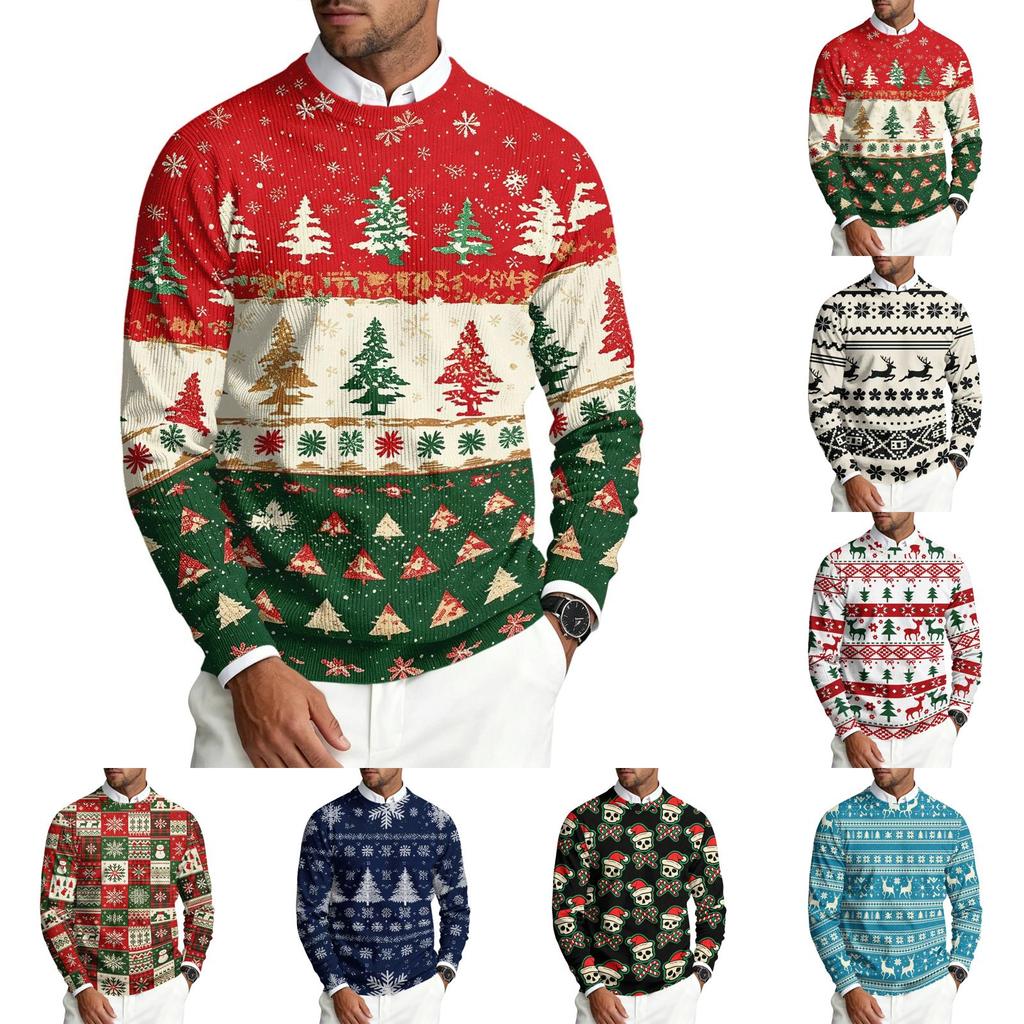 Men's Crewneck Long Sleeve Ribbed Knit Pullover Sweater with Christmas Print for Winter