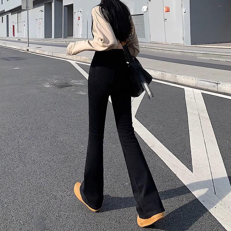 Damskie Jeansy Dzwony Plus Size Czarne z Wysokim Stanem Elastyczne - Wiosna/Jesień