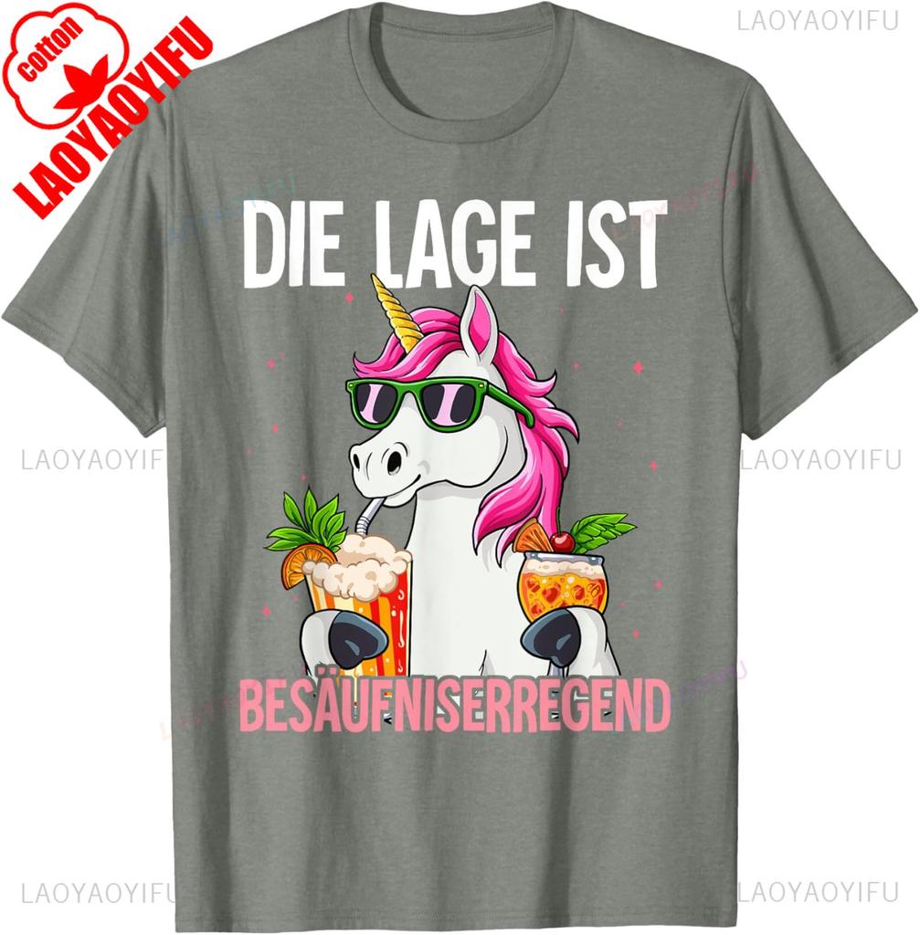 Lustiges T-Shirt Die Lage Ist Besäufniserregend Baumwolle Lässig Neuankömmling Atmungsaktiv für Herren Damen Party Pferdemuster Gedrucktes T-Shirt