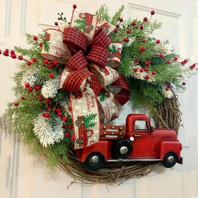 35cm Weihnachtskranz mit rotem LKW, Handgefertigte Haustür-Weihnachtsgirlande, Weihnachts-Kiefernzweig-Beerenkranz für Feiertags-Heimparty-Dekoration, Kostenloser Versand
