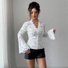 New Spring Summer V-Neck Long Sleeve Sweet Sheer Lace Blouse Elegant White Slim Fit Womens Shirt Casual Party Mesh Top for Women Clothing