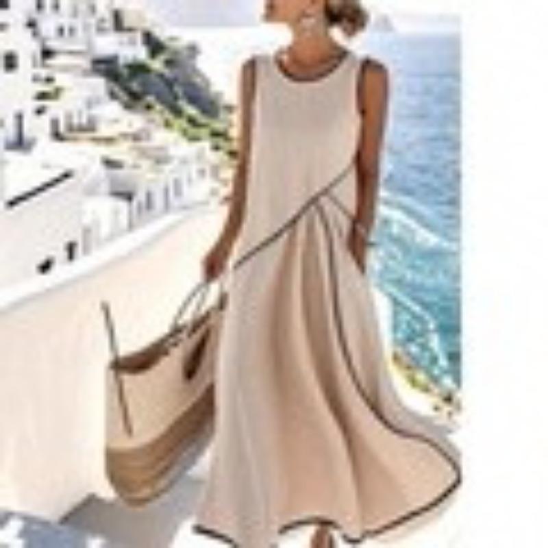 TIFICY Women s Fashion Summer Spring Colour Block Print Sleeveless O-Neck Loose Waistline Casual Dresses S абрикосовый