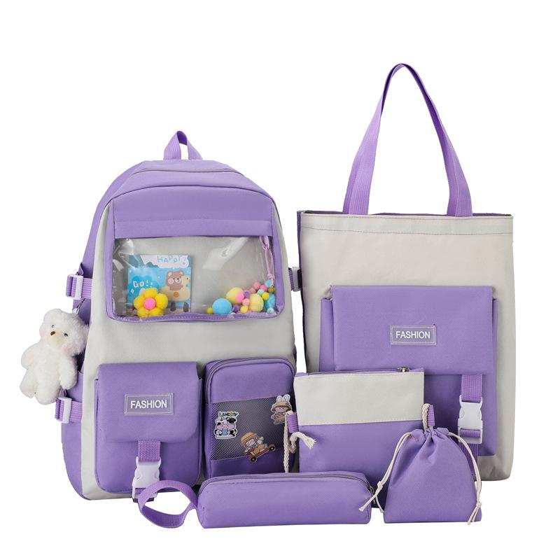 5pcs/set Kawaii School Bags for Teenage Girls Casual Canvas Large Capacity Student Bookbags Women Travel Backpack Shoulder Bags
