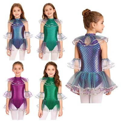 Kids Girls Mermaid Performance Costume: Sleeveless Fish Scales Print Mesh Sequins Bodysuit with Arm Sleeves for Holiday Halloween