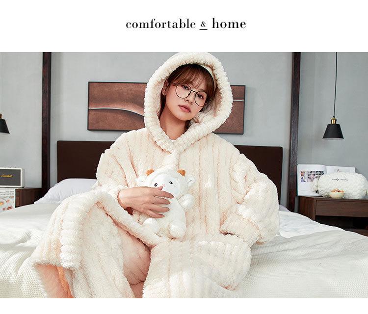 Women's Thickened Flannel Pajama Set - Coral Fleece Long Robe for Autumn/Winter