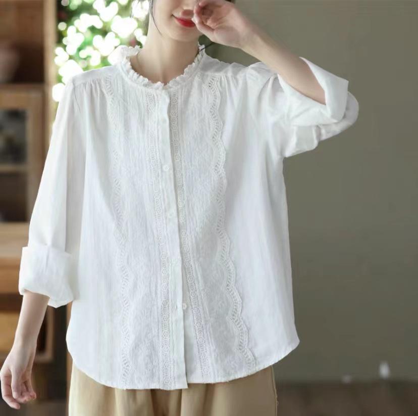 

Women s Spring All-Cotton Lace Long Sleeve Casual Blouse Large чёрный